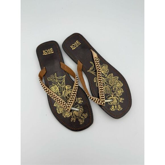 José Womens Beaded Brown Orange Leather Thong-Strap Flat Sandals Size 39 - Picture 5 of 5